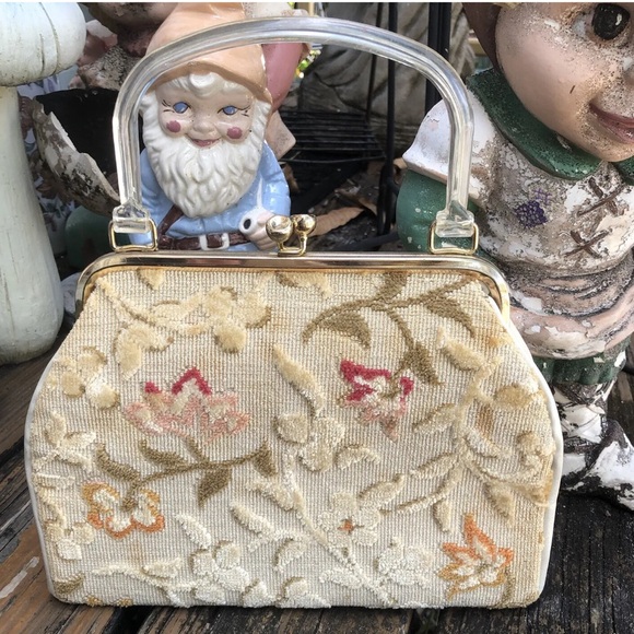 Vintage Handbags - Floral Tapestry Burned Velvet Carpet Bag Purse Lucite Vintage Pink Green 50s 60s